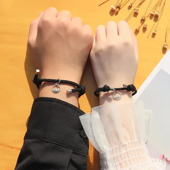  2 Stuks Magnetische Armband Rvs Hart Hanger Charm Paar Armbanden Voor Любовник Vriend Vrouwen Braid Touw Armbanden