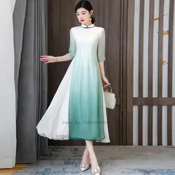  2022 Виетнам винтажное рокля елегантна дама източното ципао чонсам яка-часова рокля аодай национално ципао елегантна вечерна рокля