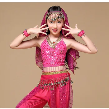  2022 Индийското Сари Детски Индийски танцов костюм от 5 теми за танц на корема (Топ + колан + Панталон + Колан + Було) Детски Болливудский танц 4 цвята