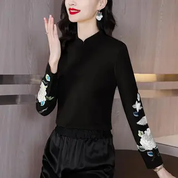  2022 цветна бродерия, вязаная риза с дъното, национален женски китайски ретро пуловер, дамски блуза, пуловер с дълъг ръкав, потници