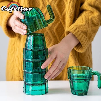  4 Бр. Творчески Cactus Стъклени Чаши Семейна Посуда За Напитки, Чаша За Вода Подарък Кутия Набор От Зелена Чаша Стъклена Посуда Коледен Подарък