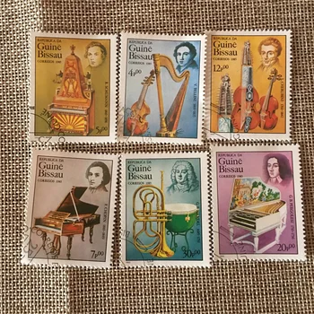  6 бр./компл. Пощенски марки Гвинея-Бисау 1985 Известни Музиканти, Изпълняващи Инструменти, Използвани за Пощенски Марки с Маркировка за Колекционери