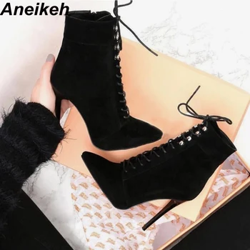  Aneikeh/2023; сезон пролет-есен, удобни остроносые обувки дантела с нитове; вечерни дамски обувки за стриптийз на висок ток за танци; цвят черен; 35-40
