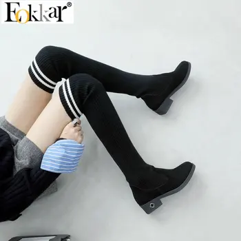  Eokkar/2020 г. Crochet ботуши над коляното на нисък ток, без шнур, еластични Ботуши до бедрата черни зимни обувки, Размер 34-43