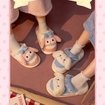  Kawaii Sanrio Плюшени Чехли Кити Melody Cinnamoroll Зимни Плюшен Обувки Със Сърца За Момичета Домашни Подови Обувки за Жени Аксесоари За Дома