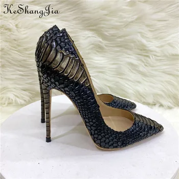 Ke Shang Jia/дамски обувки-лодка с змеиным модел на висок ток 12 см, с остри пръсти, със затворена пета кутия, Пикантни Вечерни Модни обувки 10 см 8 см, Черни Модела обувки с змеиным принтом