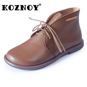  Koznoy/3 см, Ботильоны в британския стил в ретро стил от естествена телешка кожа, Демисезонные женски Ботильоны на равна подметка, Удобни Лаконичная обувки Дантела