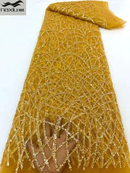  Madison Луксозни Дантелени Тъкани, Ръчно изработени с Перли и Кристали 2022 5 Ярда Дантела и Тъкани С Пайети За Сватбена Рокля В Африканския стил