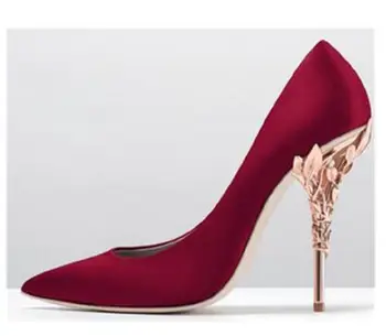  Moraima Snc/Модни дамски обувки-лодка с остри пръсти, Чубрица Вечерни модела обувки на Ток с метални листа, Сватбени обувки за Булката, с цвят на червено Вино, Черен
