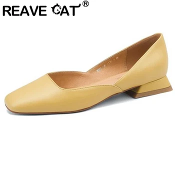  REAVE CAT/2022/ Дамски обувки-лодка с квадратни пръсти на ниски токчета, без съединителни от овча кожа, Размер 34-39, обикновена, жълто, Бежово, Кайсия, пролетни, лаконичен, S2804