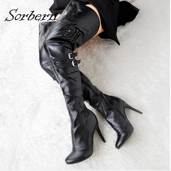  Soerben/ женски ботфорты над коляното, черни ботуши Zapatos Mujer, ботуши на висок ток от изкуствена кожа, пикантни женски ботфорты, зимни обувки, chaussure