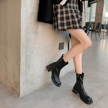  YPP/2022, Дамски Обувки джоб с кръгло бомбе, Улични обувки на висок масивна ток, есенни и зимни дамски ботуши, Къси Ботуши на Платформа
