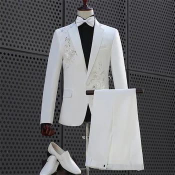  Бели блейзери с бродерия, мъжки костюм, съраунд диамантена цвете, костюм певец, водещ, рокля за хора, студийная сцена, бял