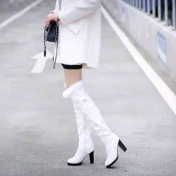  Бели Модни Ботуши над коляното, Дамски обувки на висок ток, дамски ботуши до бедрата, зимни кожени Дълги Кожени Ботуши, Дамски Размер на 43