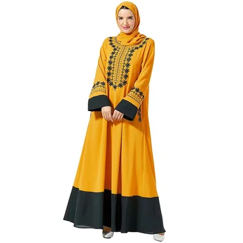  Ближневосточное рокля, модерни секси дълга рокля с бродирани джоб, Абайя дрехи в мюсюлманския национален стил, рокля с дълъг ръкав