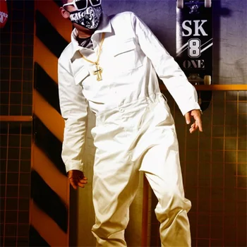  Бял гащеризон мъжки якета хип-хоп национален прилив на външен бар, певицата костюм с множество джобове
