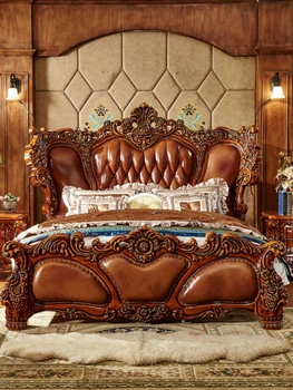  Висококачествена европейска луксозна вила с ширина 2 м на легло с дърворезба на първия етаж от волска кожа луксозен хотелски рамка на легло, двойно легло