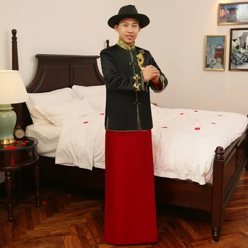  Годишният есенен Специален модно ревю китайски мъжкия Традиционен Костюм за младоженеца в китайски стил сватбена дълъг дракон Рокля на Булката Хавлия