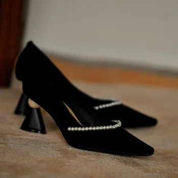  Дамски обувки 2022 г., Нови обувки на токчета, малки обувки на висок Ток с квадратна глава, черни дамски обувки-лодка с мъниста от вискоза на дебелите ток