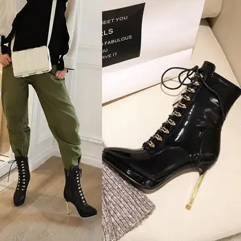  Дамски обувки дантела; дамски обувки на платформа и масивна ток; сезон есен-зима; ботильоны; модни Дамски обувки в черен цвят; Botas Mujer