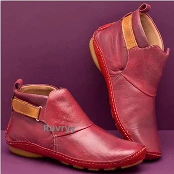  Дамски обувки; обувки от лачена кожа; колекция 2022 г.; зимни Ежедневни Кратки Ботильоны в ретро стил; дамски обувки на плоска подметка с остри пръсти; Шевни обувки