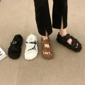  Зимни дамски Плюшени обувки на плоска подметка 2022 година, Нови Външни и Вътрешни Модни Вълнени Пантофи, Монголски Кожени Чехли
