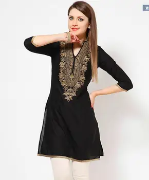  Индийската Традиционна Женска Риза С Бродерия Пролет Кърт Памучен Тънка Блуза, Черен Цвят