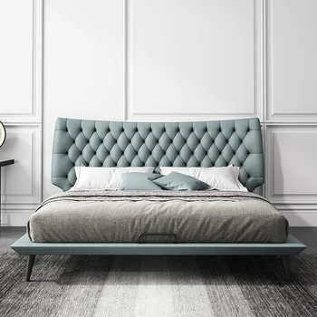  Италианската стилен минималистичен луксозна кожена легло Модерна проста основна спалня, малка семейна двойно легло 1,8 м