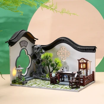  Китайски Двор DIY Wooden Куклена Къща Комплект Събрана Миникартинка с Мебели Куклени Къщи Събират Играчки Страхотна Градина Миниатюри