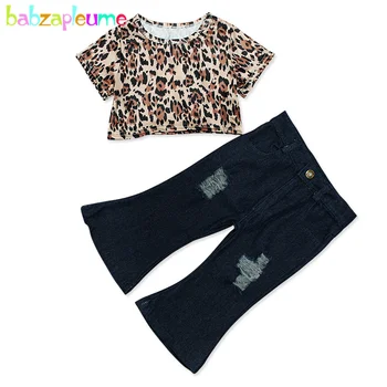  Комплект летни дрехи от 2 теми за малките момичета, модерна детска тениска с къс ръкав и принтом + дънкови панталони с дупки, бутик за детски дрехи BC2137-1