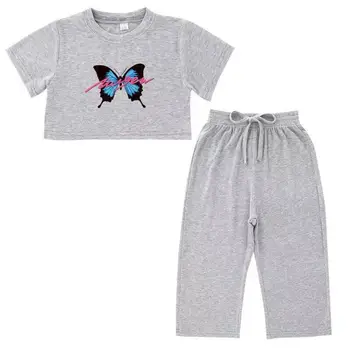  Комплекта дрехи с пеперуда за момичета 2022 г., Детска Риза, Детска Тениска с Къс Ръкав и дълги Штанами, Връщане в Училище За 10 Години