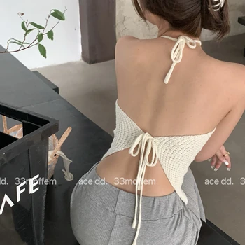  Корейски Стил Трикотаж женски чисто желание секси оглавник на врата без ръкави нередовни тениски летни нови върхове
