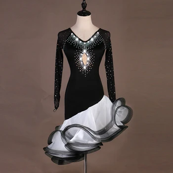  латинско рокля конкурсни рокли малките деца жени, румба, самба танго латинско рокля за танци мъниста в черно-бял lq135