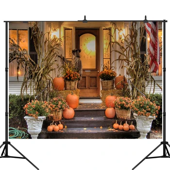  Лявши фон за фото студио Хелоуин тиква украса врати цвете Плашилото фон за снимки фотобудка фотоколл