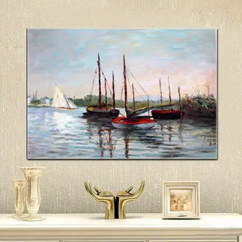  Модерен абстрактен платно на стенно изкуство, ръчно рисувани морска яхта живопис с маслени бои върху платно за украса спални хол картини