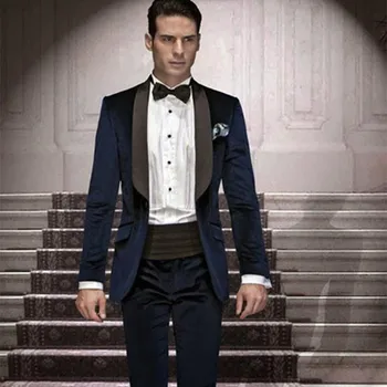  Модерен тъмно синьо смокинги за младоженеца в една пуговице, мъжки костюми за сватба, абитуриентски бал, смокинг, мъжки костюм (Яке + панталон + колан + вратовръзка)