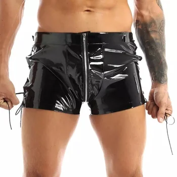  Мъжки PVC Огледално Лъскави Кожени Боксови Шорти Секси Отворени Кожени Панталони с ципове Точния Размер на