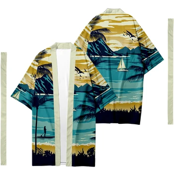  Мъжки японското традиционно етническа дълго кимоно жилетка Женското кимоно Гавайское кимоно на залез слънце риза юката яке 2