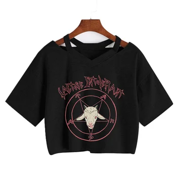 Най-забавната Женска тениска Сатана Реколта Графични Тениски Козел Пънк съкратен върховете Модерна Лятна Тениска С Къс ръкав Дамски Укороченная camiseta