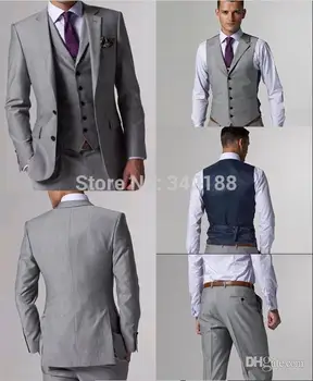  Оборудвана Разрез отстрани, светло сиво, с изрезки на двете копчета, Смокинги за младоженеца, Мъжки Костюми, Мъжки бизнес костюм (Яке + панталон + елек)