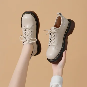  Обувки от телешка кожа в британския стил на дебела подметка, Есен 2021, Нова Ежедневни Дамски обувки с кръгло бомбе и ниско деколте