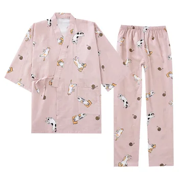  Памучни панталони с ръкави 3/4, кимоно, пижамный костюм, пролет-лято и есен тънък дамски пижами