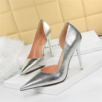  По-големи Размери, Сребърни Дамски Обувки на Висок Ток, Модерни Елегантни Вечерни Обувки на висок Ток 2021 Г. за Жените