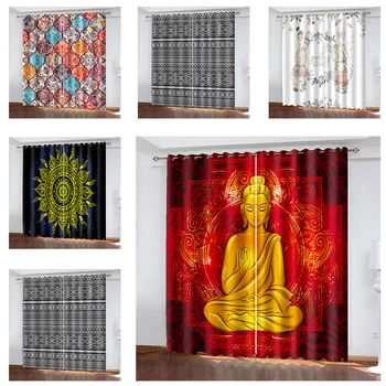  прозорец завеса, Хол, Оцветяване на Декоративна Завеса Изображение на Буда Модел Украса за Домашен Текстил Спалня Перфорирани Завеси