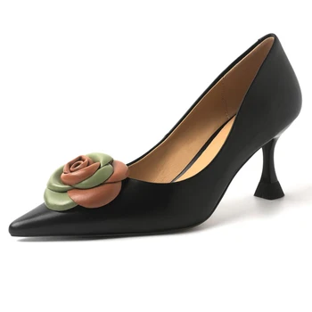  Пролет-есен елегантен дамски обувки за почивка на висок ток от естествена кожа с флорална декорация, фини обувки с остър пръсти и фин пръсти