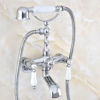  Сребърен полиран Хромиран Месинг Стенен смесител за вана с двойни керамични дръжки Clawfoot Ръчен душ - Регулира от 3-3/ 8 