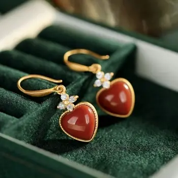  сребърни обеци инкрустирани от естествен Южен Червен халцедона във формата на сърце в китайски стил ретро романтичен занаят златни дамски маркови бижута