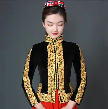  Танцов костюм на Синцзян 2022 Женски Черен Топ с Дълъг ръкав