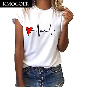  Тениска, Дамска тениска в ретро стил Дамска риза в стил харадзюку с къси ръкави и принтом във формата на сърца, Ежедневни Тениска с кръгло деколте, Лятна Тениска Ropa Mujer