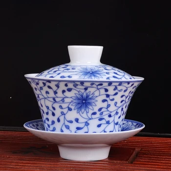  Цзиндэчжэньский чай с капак, чаша, чаена чаша сини и бели рисувани цвят на морските вълни голяма керамична купа Саньцай чаена чаша с капак на купата